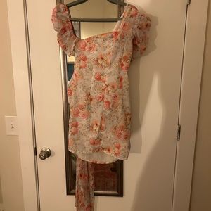 Pink Floral Print Chiffon One Shoulder Draped Bodycon Dress